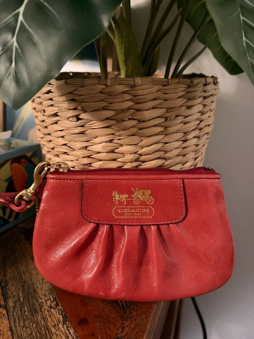 Coach Pleated Leather Wristlet Red Coin Purse